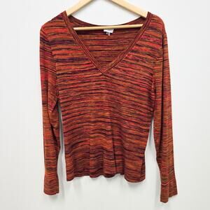 Ecru Multi-Color Textured Knit Top XL - V-Neck Long Sleeve